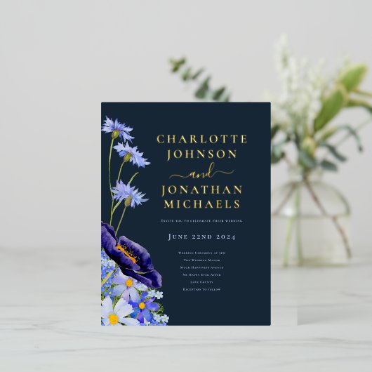 サマーエレガントフローラネイビーブルーと金ゴールド 箔招待状ポストカード (立ち正面)