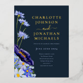 サマーエレガントフローラネイビーブルーと金ゴールド 箔招待状ポストカード (正面)