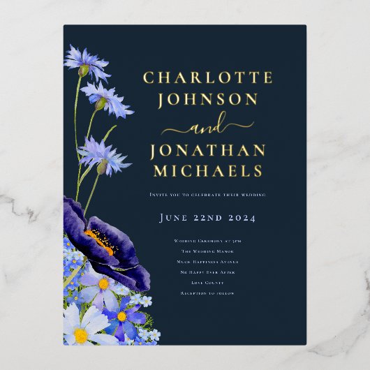 サマーエレガントフローラネイビーブルーと金ゴールド 箔招待状ポストカード (正面)