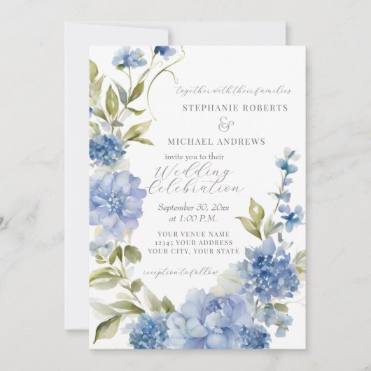 サマーエレガントフローラブルーとホワイト結婚ズ 招待状 (正面)