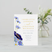 サマーエレガントフローラブルーと金ゴールド 箔招待状ポストカード (立ち正面)