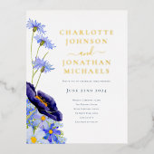 サマーエレガントフローラブルーと金ゴールド 箔招待状ポストカード (正面)