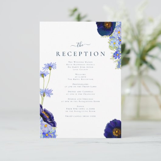 サマーエレガントフローラブルーウェディングレセプション エンクロージャーカード (スタンド正面)