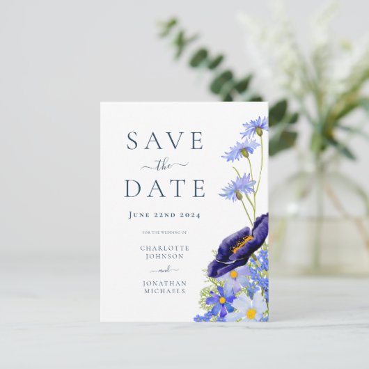 サマーエレガントフローラブルー結婚ズ インビテーションポストカード (スタンド正面)