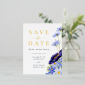 サマーエレガントフローラブルー金ゴールド結婚 箔招待状ポストカード (立ち正面)