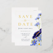 サマーエレガントフローラブルー金ゴールド結婚 箔招待状ポストカード (正面/裏面)