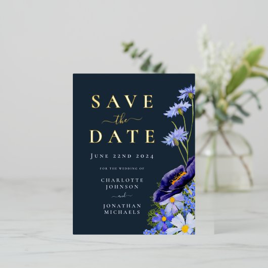 サマーエレガントフローラブルー金ゴールド結婚 箔招待状ポストカード (立ち正面)