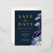 サマーエレガントフローラブルー金ゴールド結婚 箔招待状ポストカード (正面/裏面)