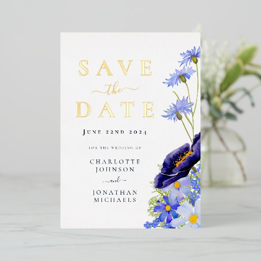 サマーエレガントフローラ金ゴールドブ結婚ルー 箔招待状 (立ち正面)