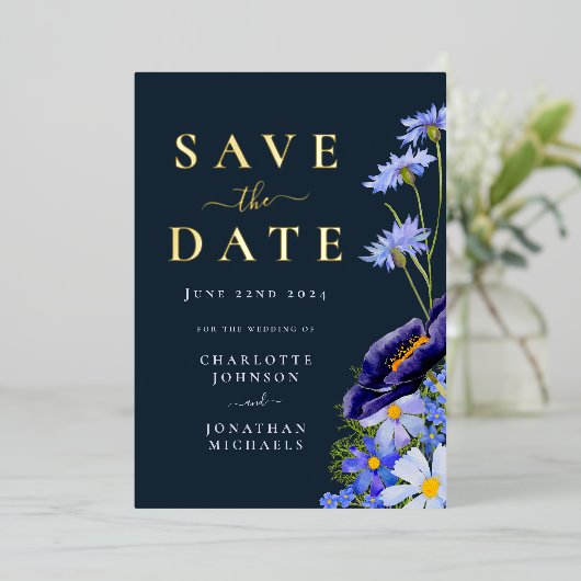 サマーエレガントフローラ金ゴールドブ結婚ルー 箔招待状 (立ち正面)