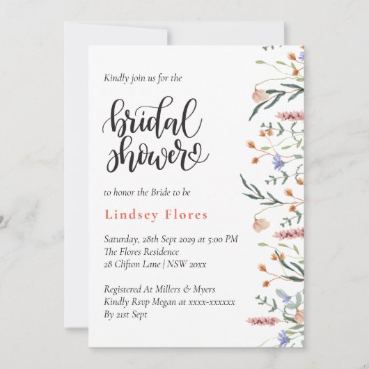 サマーエレガントメドウワイルドフラワーズブライダルシャワー 招待状 (正面)