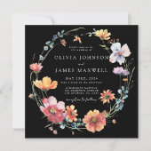 サマーエレガントワイルドフラワースクエア結婚ブラック 招待状 (正面)