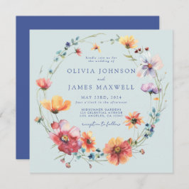 サマーエレガントワイルドフラワースクエア結婚ブルー 招待状