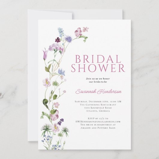 サマーエレガントワイルドフラワーフローラブライダルシャワー 招待状 (正面)
