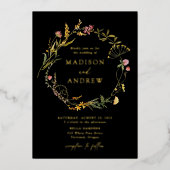サマーエレガントワイルドフラワーリースブラック結婚ズ 箔招待状 (正面)