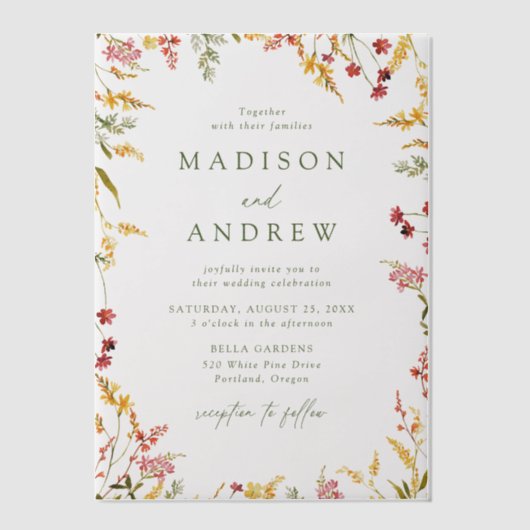 サマーエレガントワイルドフラワーリース結婚ズ ベラム紙招待状 (正面)