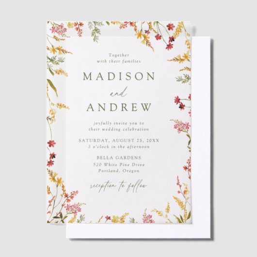 サマーエレガントワイルドフラワーリース結婚ズ ベラム紙招待状 (オフセット)