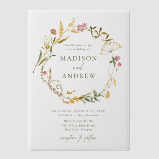 サマーエレガントワイルドフラワーリース結婚ズ ベラム紙招待状 (正面)