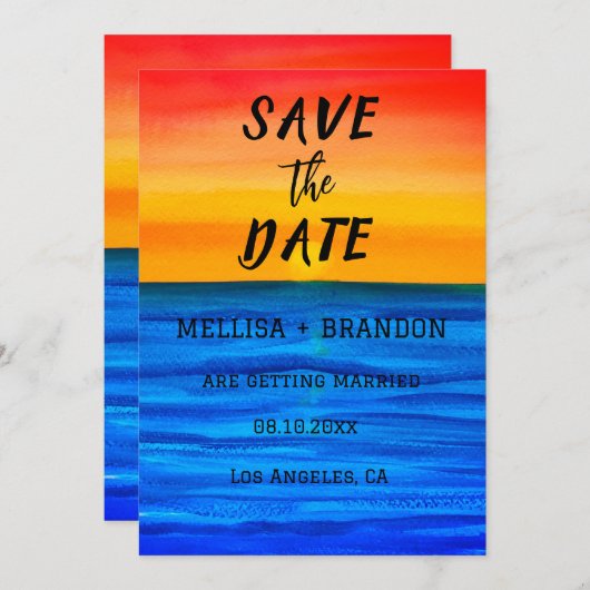 サマーエレガント海ウェーブズサンセットビーチ 招待状 (正面/裏面)