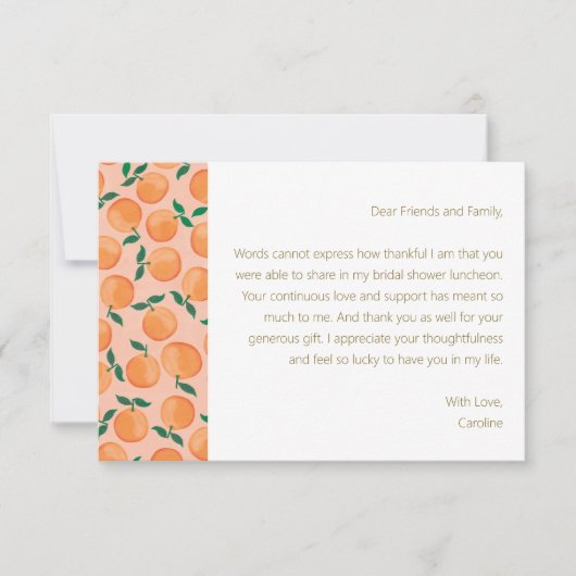 サマーオレンジ果実ブライダルシャワーカスタムメッセージ サンキューカード (正面)