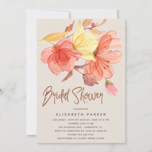 サマーオレンジ色の水カラーフローラブライダルシャワー 招待状 (正面)