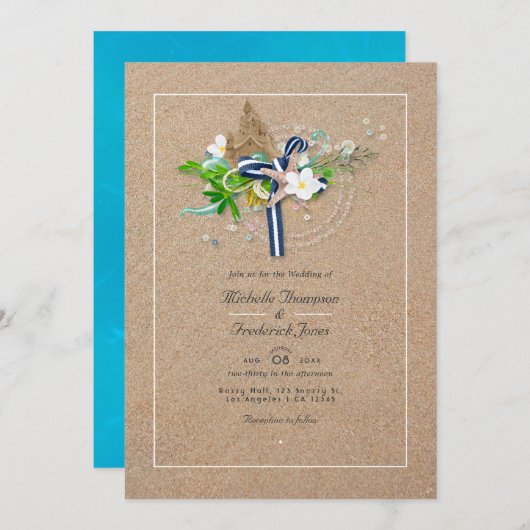 サマーカッコいいQRコードRSVPビーチ結婚式 招待状 (正面/裏面)