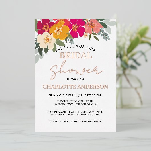 サマーカラフルガーデンフローラブライダルシャワー金ゴールド 箔招待状 (立ち正面)