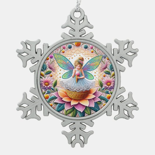 サマーカラフルフェアリー2イラストレーション スノーフレークピューターオーナメント (正面)