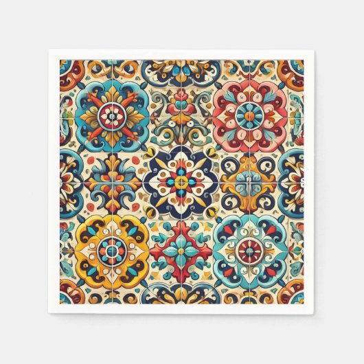 サマーカラフルレッド、イエロー、ブルーフィエスタ スタンダードカクテルナプキン (正面)