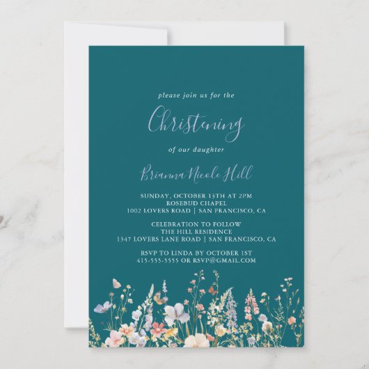 サマーカラー数々のワイルドフラワーグリーン《キリスト教》洗礼式や命名式 招待状 (正面)