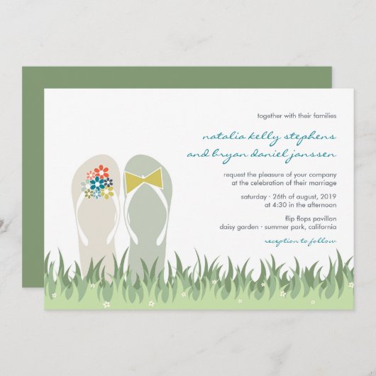 サマーガーデングラスフラワーズビーチサンダル結婚ズ 招待状 (正面/裏面)