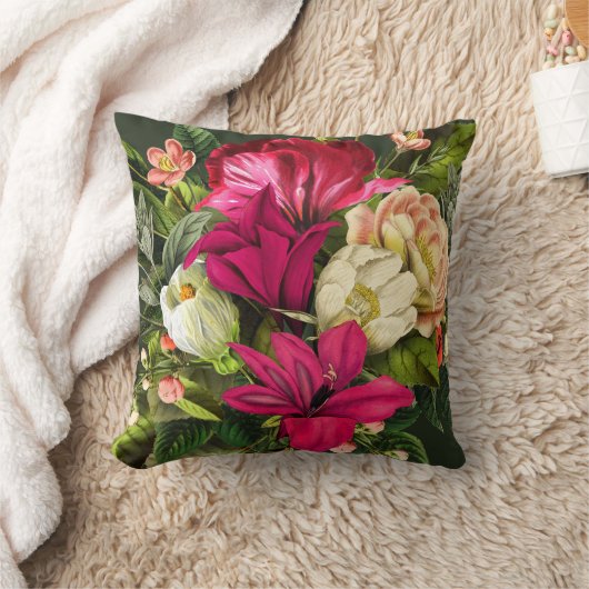 サマーガーデンマゼンタピンククリームと緑の花 クッション (ブランケット)