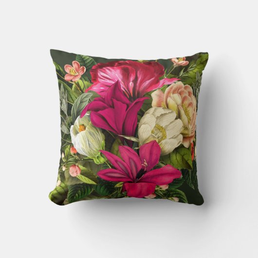 サマーガーデンマゼンタピンククリームと緑の花 クッション (正面)