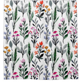 サマーガーデンワイルドフラワーウォーターカラーホワイトグリーン シャワーカーテン