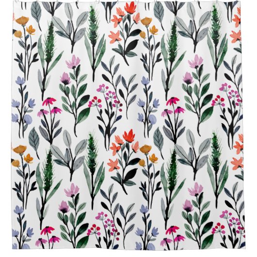 サマーガーデンワイルドフラワーウォーターカラーホワイトグリーン シャワーカーテン (正面)