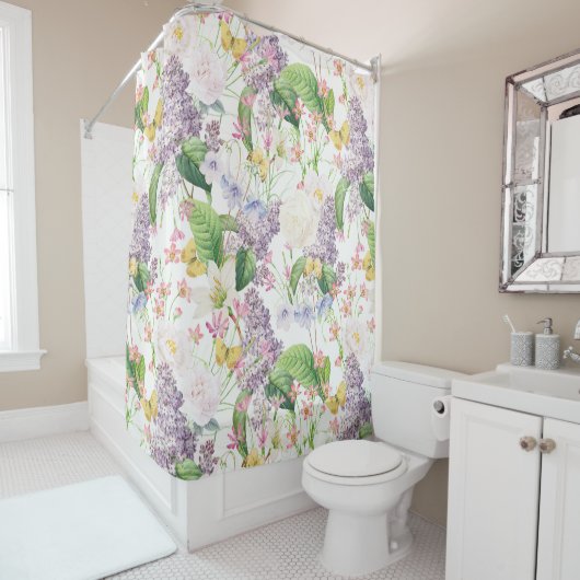 サマーガーデン – ヴィンテージレッドテコテージフラワーズ1 シャワーカーテン (インサイチュ)