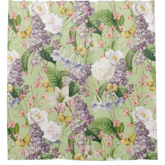 サマーガーデン – ヴィンテージレッドテコテージ花 シャワーカーテン (正面)