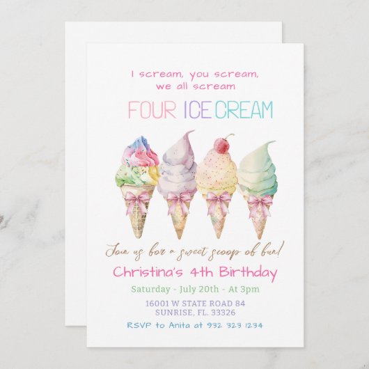 サマーガールアイスクリーム4th誕生日招待状 招待状 (正面/裏面)