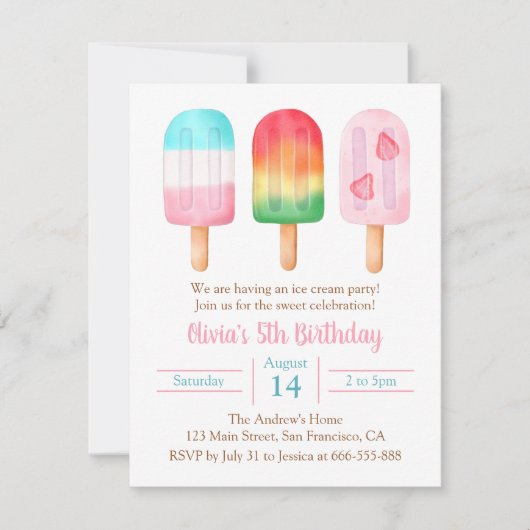 サマーガールズ誕生日スイートアイスクリームパーティー 招待状 (正面)