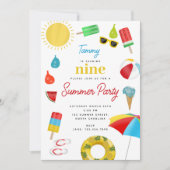 サマーキッズプールビーチ誕生日パーティーテーマ 招待状 (正面)