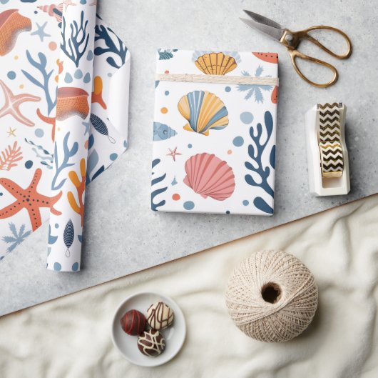 サマーキッズ誕生日シーシェルズサンゴ ラッピングペーパー (クラフト)