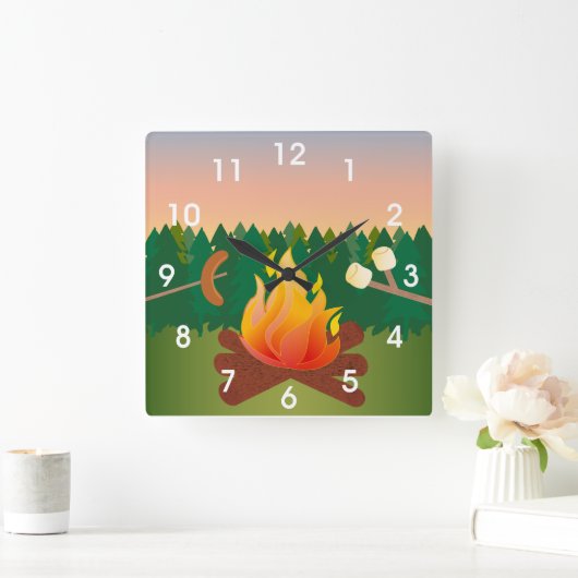 サマーキャンプのマシュマロSmores スクエア壁時計 (ホーム)