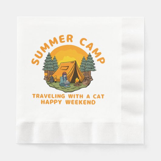 サマーキャンプ旅行と猫 縁ありランチョンナプキン (正面)