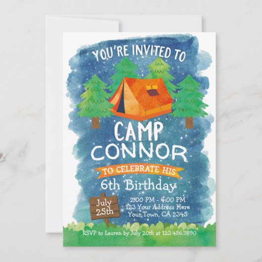 サマーキャンプ、キャンプ誕生日招待状 招待状 (正面)