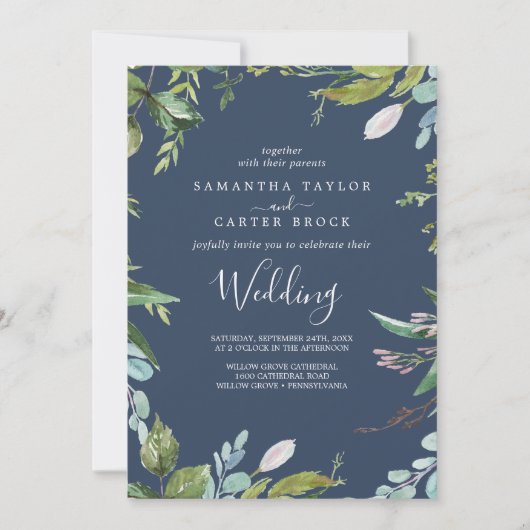 サマーグリーンのネイビーウェディング 招待状 (正面)