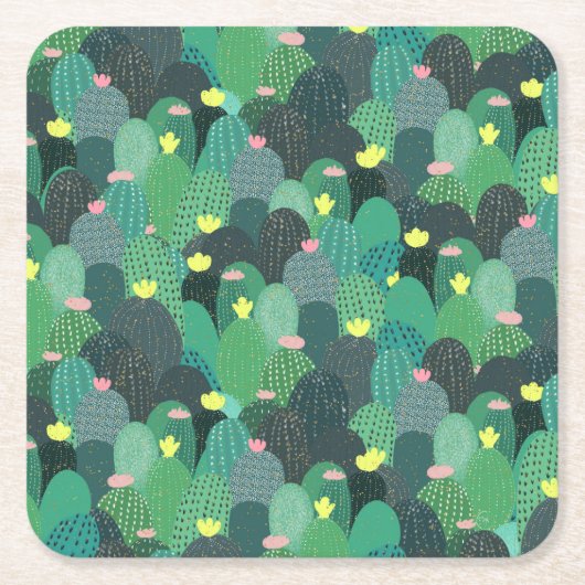 サマーグリーンティール（緑がかった色）サボテン金ゴールドドットかわいいデザイン スクエアペーパーコースター (正面)