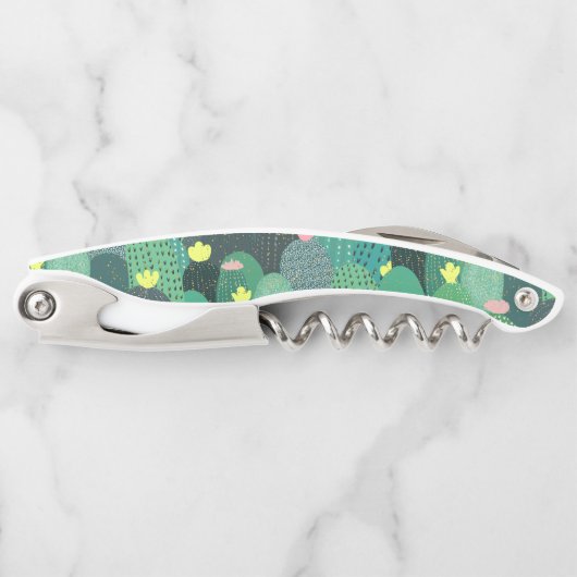 サマーグリーンティール(緑がかった色)サボテン金ゴールドドットかわいいデザイン ソムリエナイフ (正面)