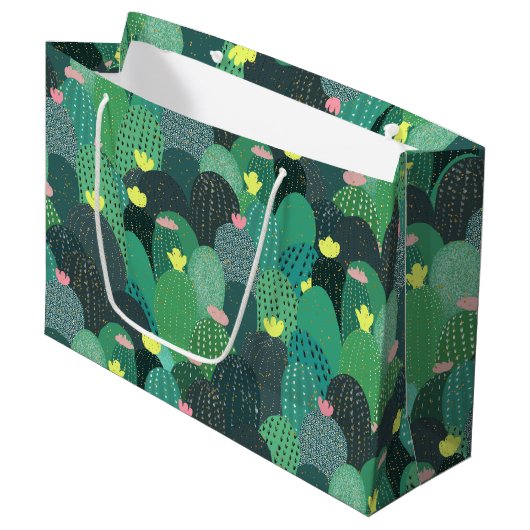 サマーグリーンティール(緑がかった色)サボテン金ゴールドドットかわいいデザイン ラージペーパーバッグ (正面アングル)
