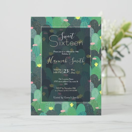 サマーグリーンティール(緑がかった色)サボテン金ゴールドドットかわいいデザイン 招待状 (スタンド正面)