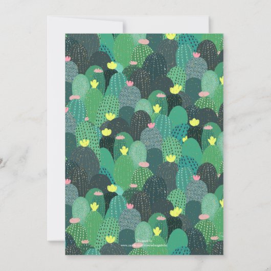 サマーグリーンティール（緑がかった色）サボテン金ゴールドドットかわいいデザイン 招待状 (裏面)